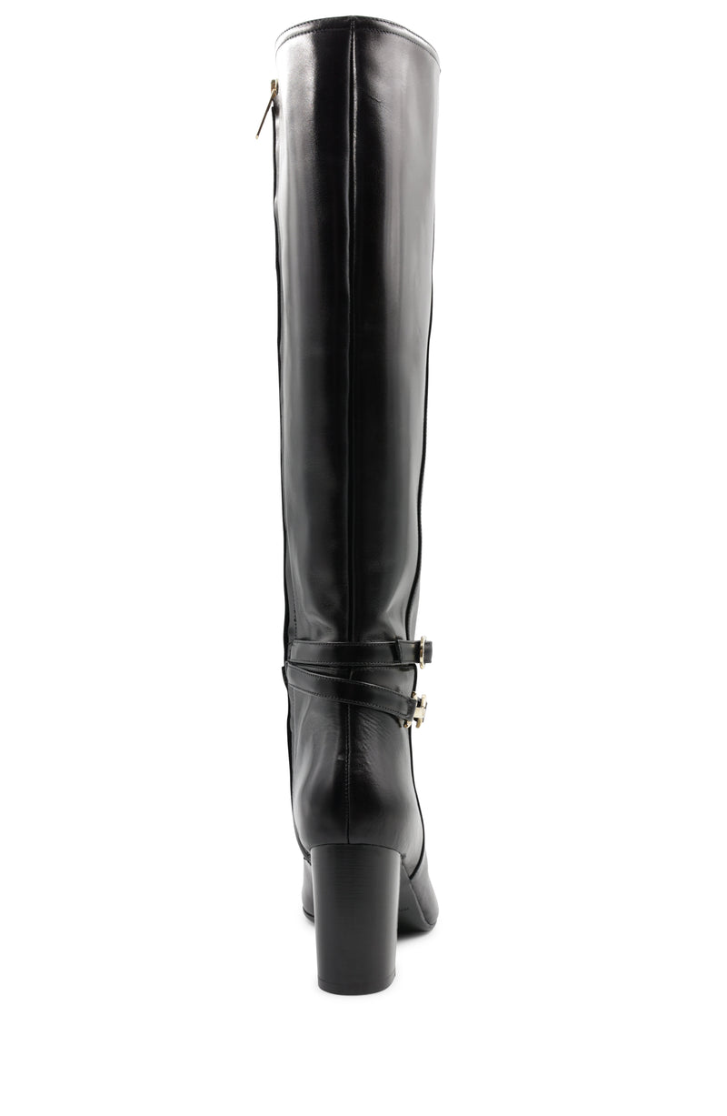 Adriana Knee High Block Heel Leather Boot - Black