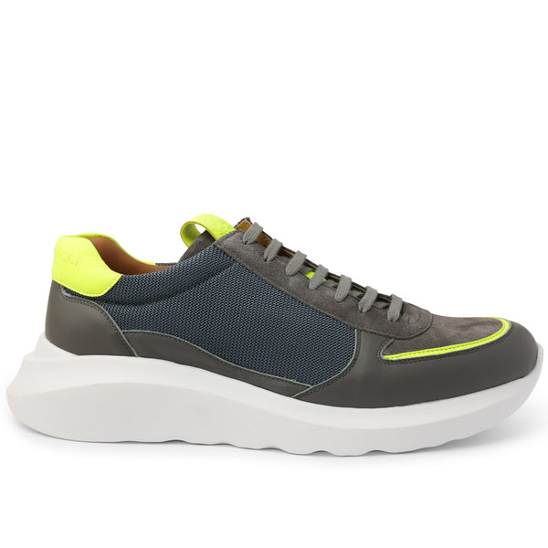 Francio Mixed-Media Leather Neon-Trim Sneaker - Grey