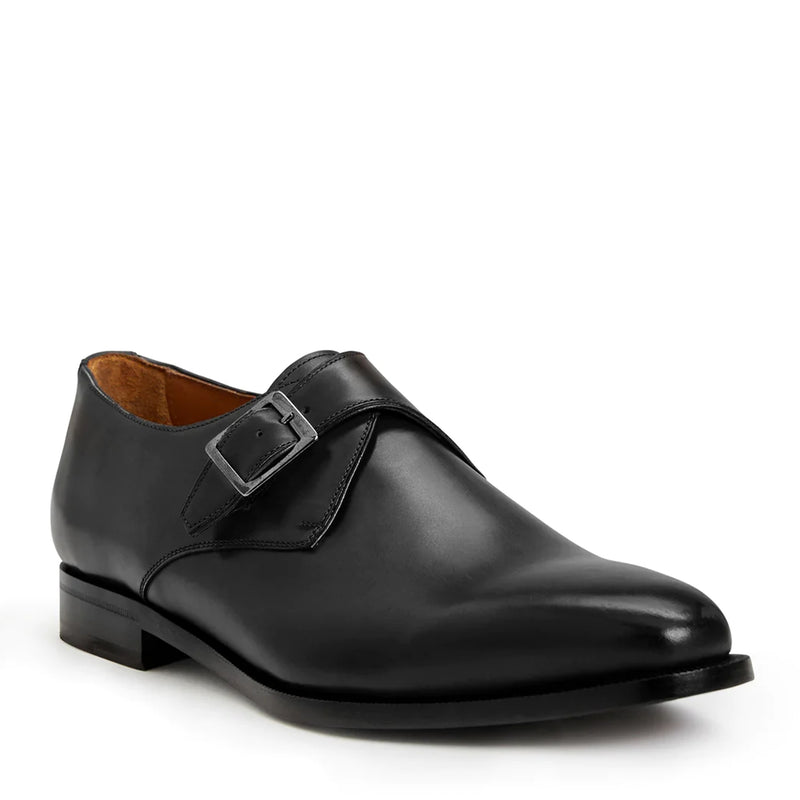 Men's handmade elegant one buckle shoes in black calf leather