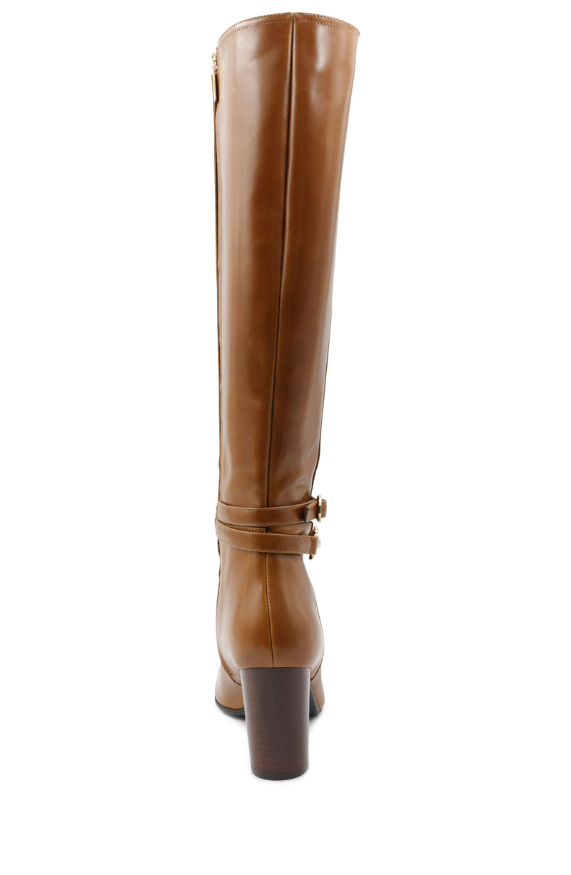 GAUCHO Knee High Block Heel Boot in Brown Waxy Leather | Russell & Bromley