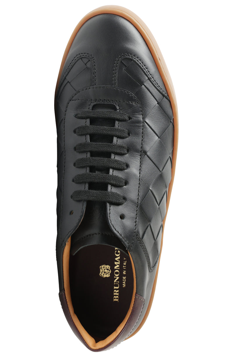 Bruno Magli, Men's Bono Lace Up Sneaker, Made In Italy, woven leather, premium black sneaker, top black laces