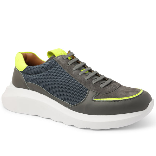 Francio Mixed-Media Leather Neon-Trim Sneaker - Grey