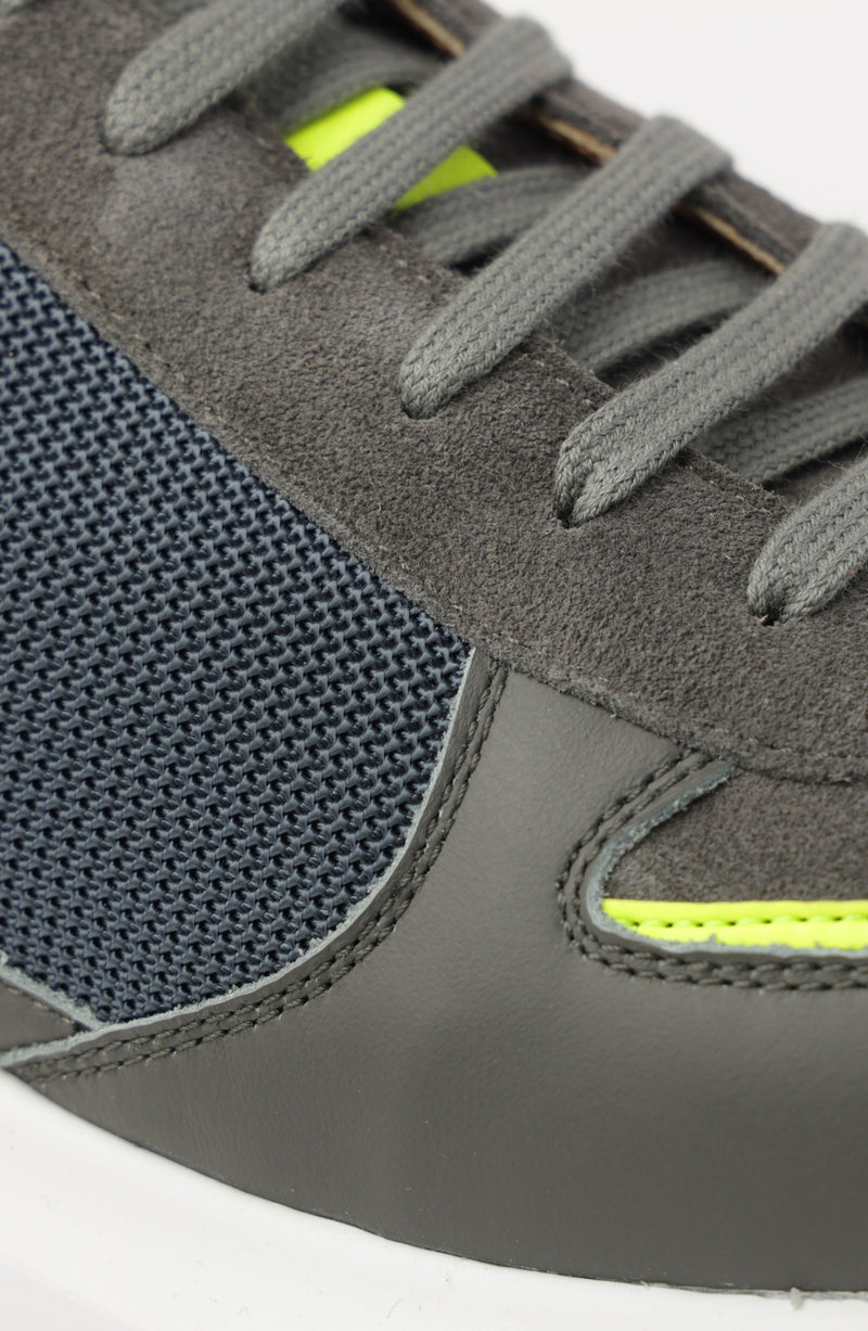 Francio Mixed-Media Leather Neon-Trim Sneaker - Grey