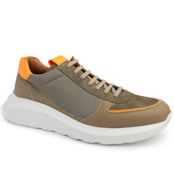 Francio Mixed-Media Leather Neon-Trim Sneaker - Taupe