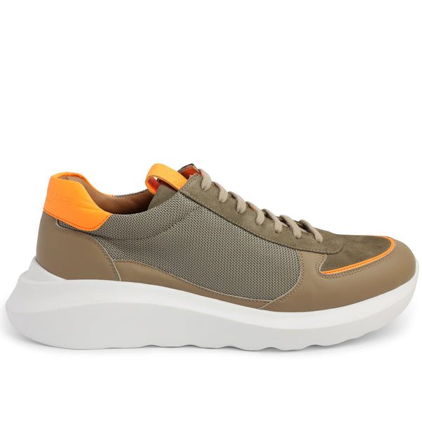 Francio Mixed-Media Leather Neon-Trim Sneaker - Taupe