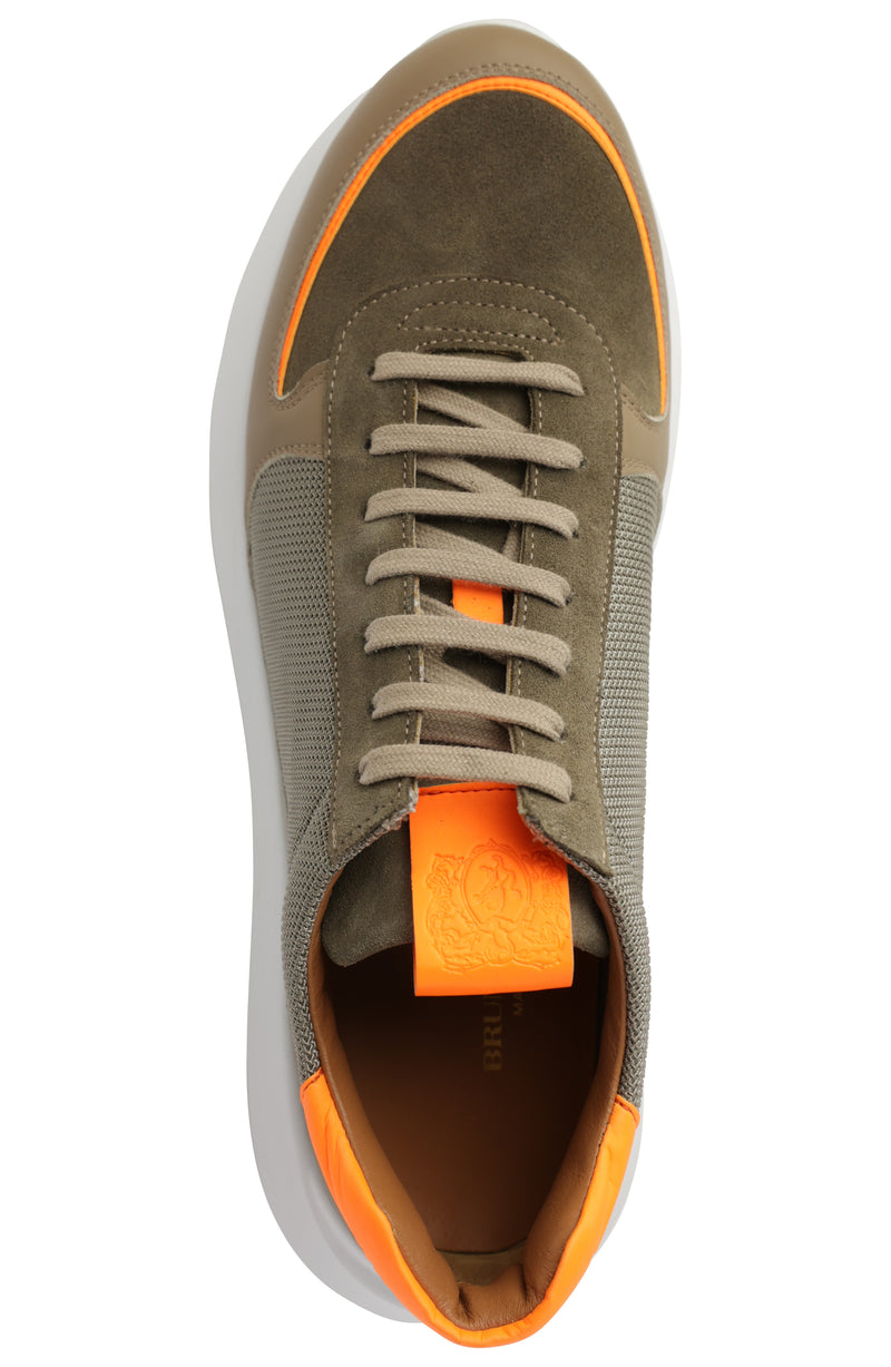 Francio Mixed-Media Leather Neon-Trim Sneaker - Taupe
