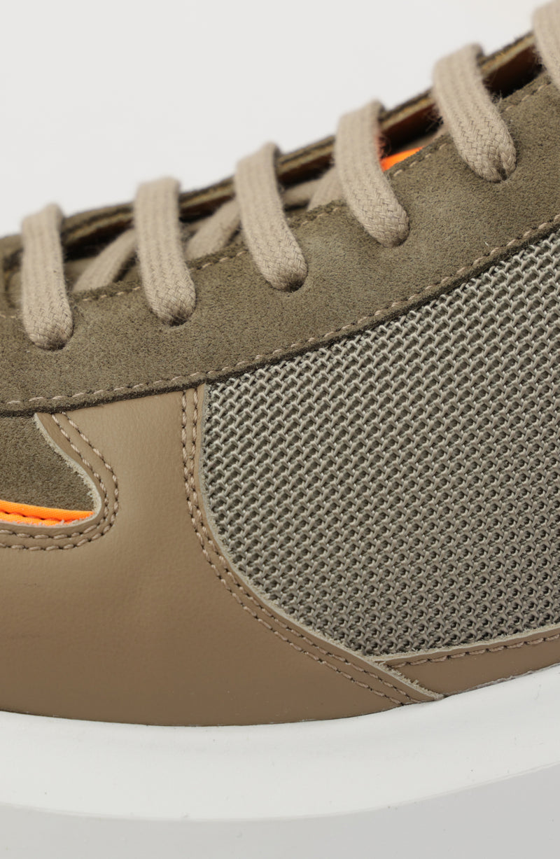 Francio Mixed-Media Leather Neon-Trim Sneaker - Taupe