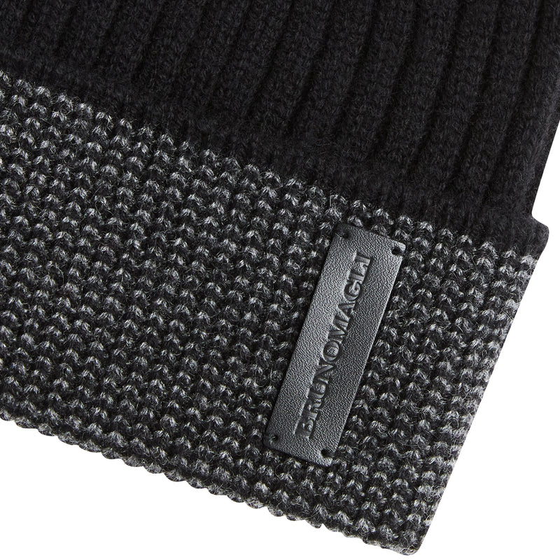 Men's Cashmere Striped Cuff Hat - Black