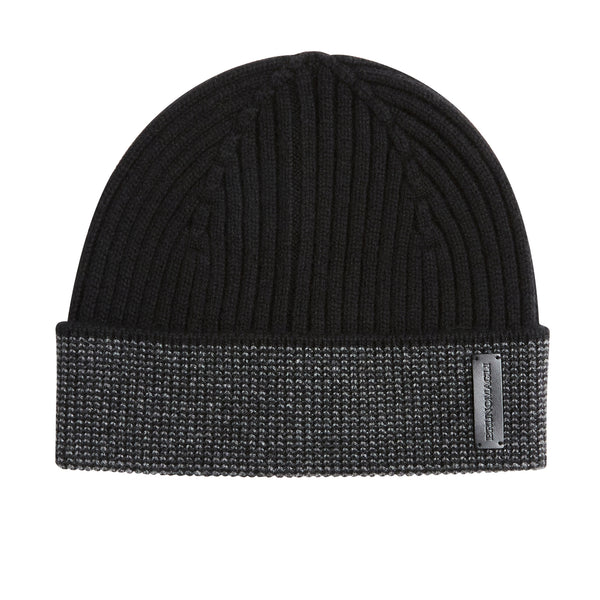 Men's Cashmere Striped Cuff Hat - Black