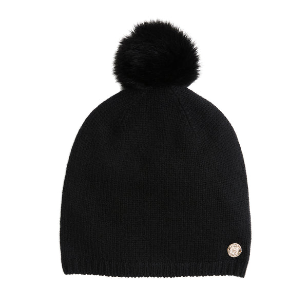 Women's Cashmere Jersey Slouch Hat with Shearling Pom - Black