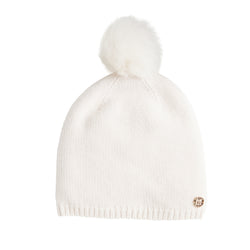 Women's Cashmere Jersey Slouch Hat with Shearling Pom - Ivory