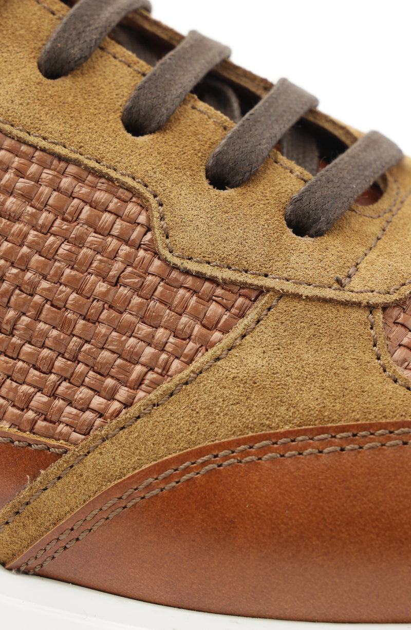 Holden Leather Raffia Lace-Up Sneaker - Cognac
