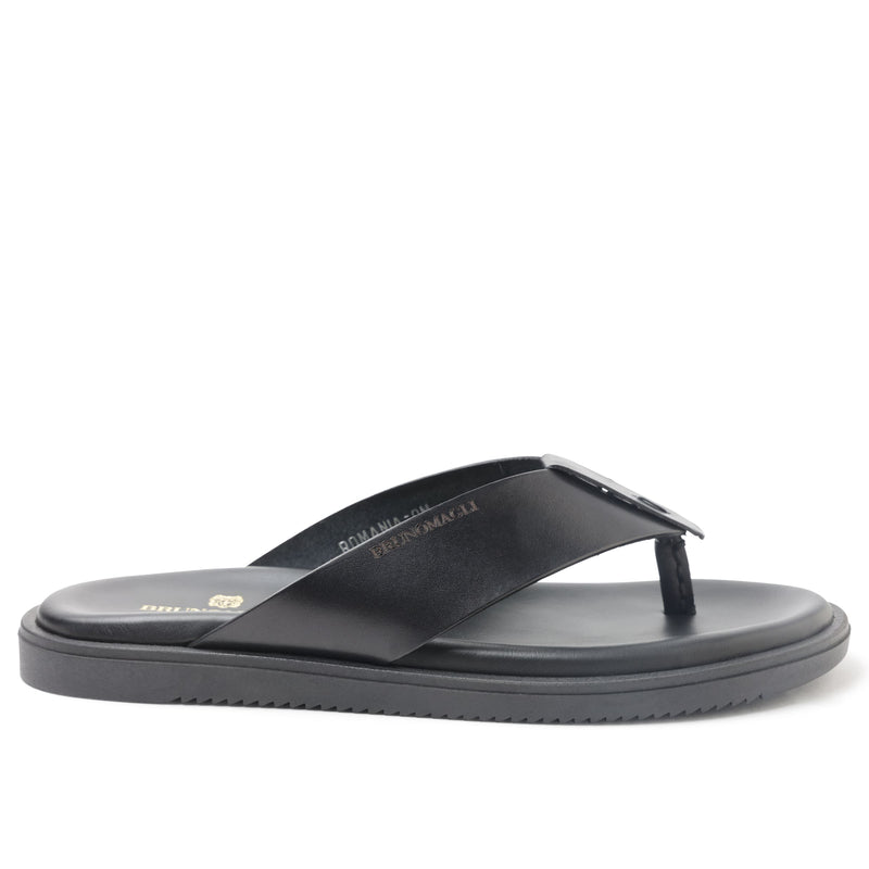 Romania Wide Banded Leather Thong Sandal - Black